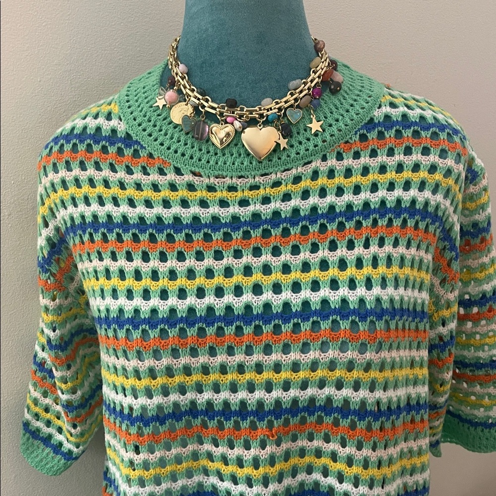 Striped Green Pastel Short-Sleeve Crochet Knit Sweater - Picture 2 of 9